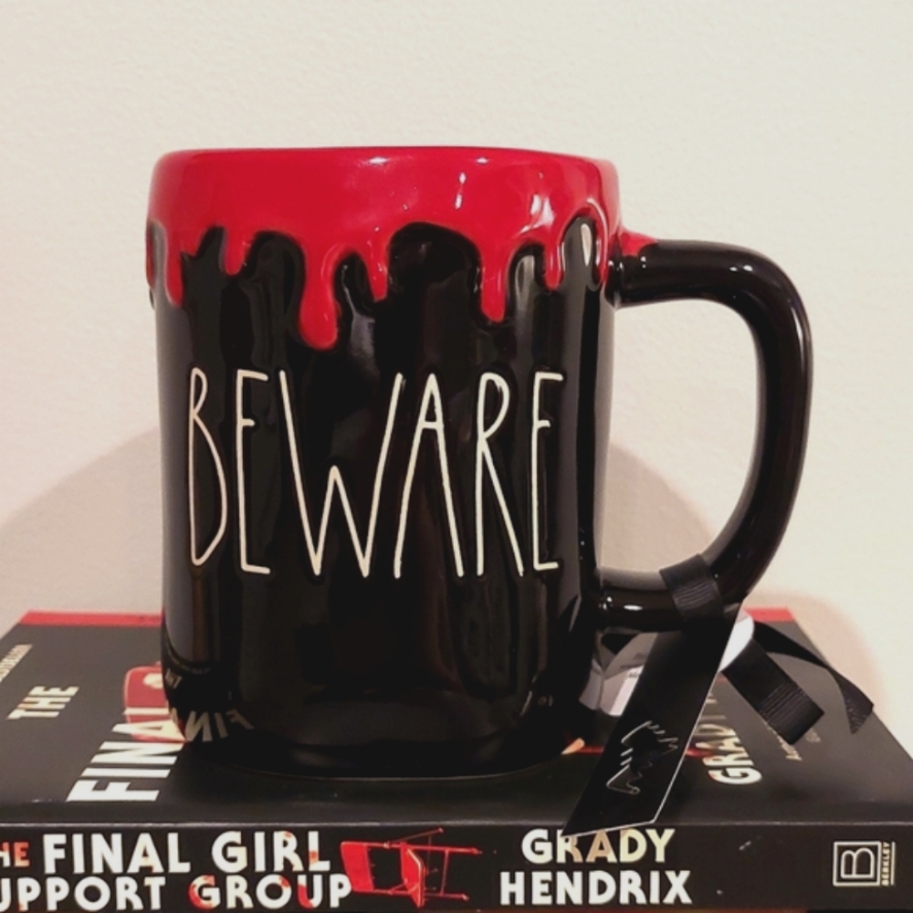 ☠️🩸 Rae Dunn Black & Red Blood Drip "BEWARE" Glossy Finish Mug NWT